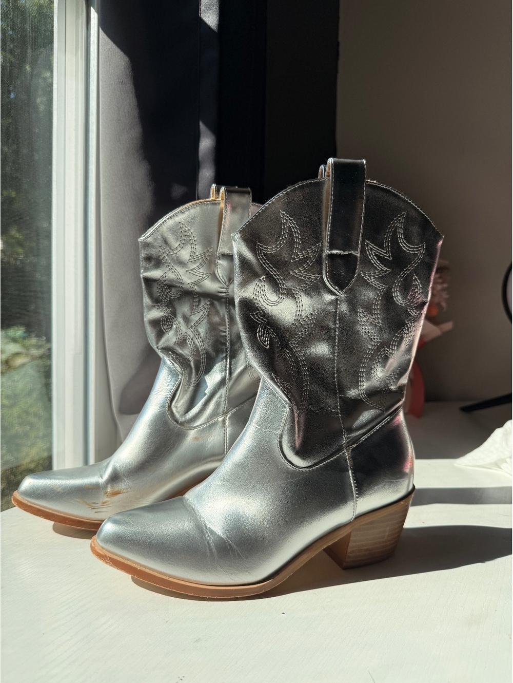 Metallic Silver Western Cowboy Boots Embroidered Mid Calf Statement Boots